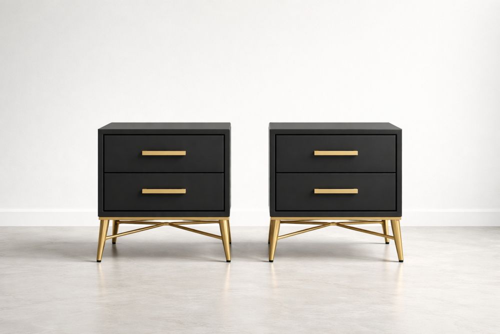 Set of 2 Black Nightstands with Gold Legs and Handles 2-Drawer Wooden Side Tables
