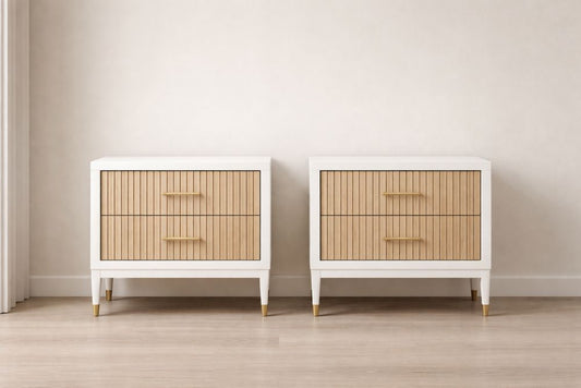 Set of 2 MDF and Pine Wood Nightstands with Two Drawers in White/Wood