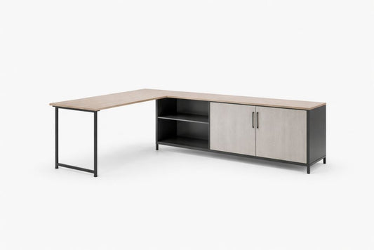 L-Shaped Desk with Storage Cabinet and Shelves Wood and Metal Beige/Grey 200cm x 160cm x 75cm