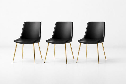 Set of 3 Black PU Leather Dining Chairs with Gold Metal Legs