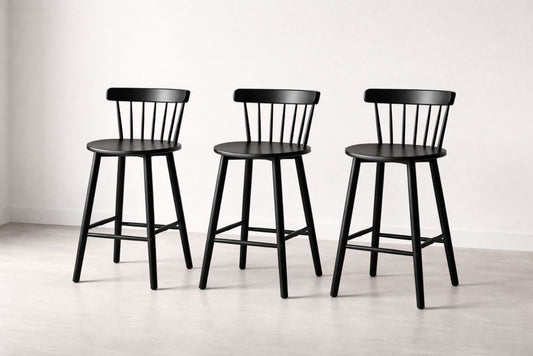 Set of 3 Black Wooden Bar Stools with Backrest