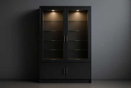 Black Tempered Glass Display Cabinet with Light and Shelves