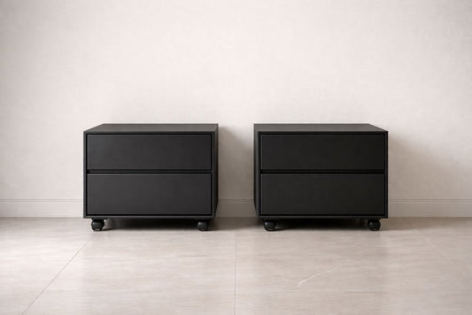 Black MDF Two-Drawer Nightstand Set with Wheels 40x40x35cm