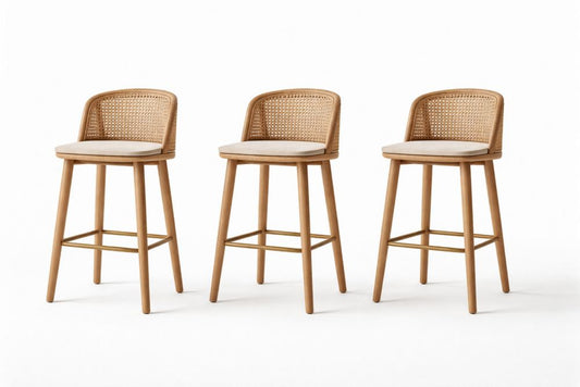Set of 3 Bar Stools with Cane Back and Padded Seat Natural Wood Frame Beige