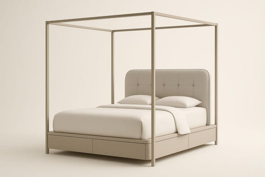 Metal Canopy Bed Double Size with Upholstered Headboard Beige