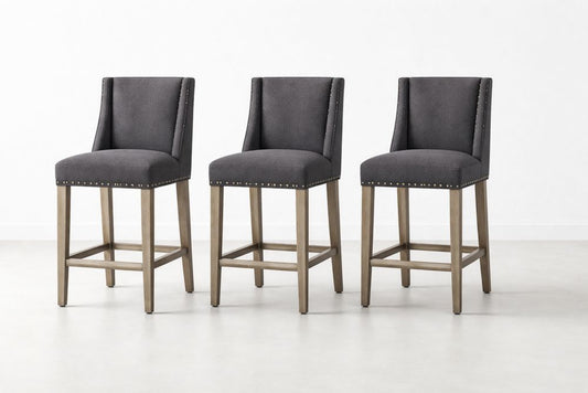Set of 3 Dark Gray Upholstered Counter Stools with Wooden Legs