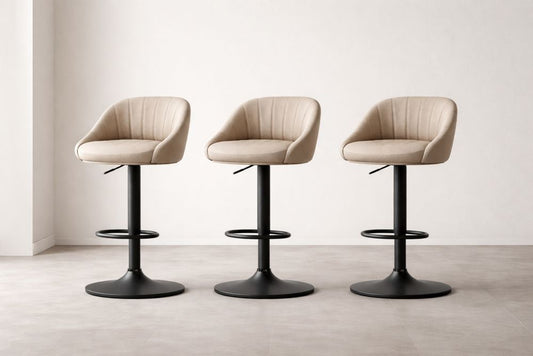 Set of 3 Adjustable Beige Polyester Swivel Bar Stools with Black Steel Base