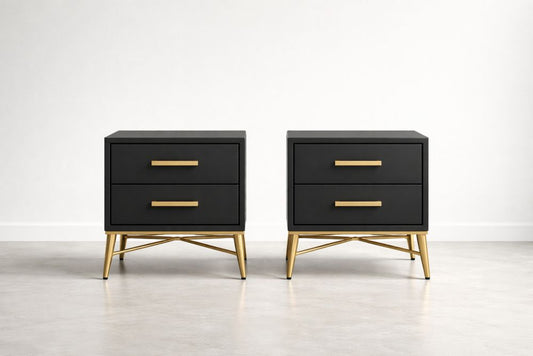 Set of 2 Black Nightstands with Gold Legs and Handles 2-Drawer Wooden Side Tables